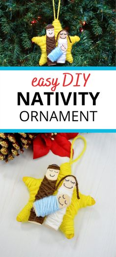 the nativity ornament is hanging from a christmas tree with text overlay that reads, easy diy nativity ornament