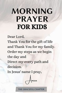 a little boy holding his hands to his face with the words, morning prayer for kids