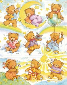 teddy bears are sitting on the clouds and stars