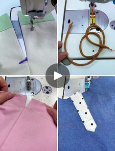 four pictures showing how to sew on the sewing machine