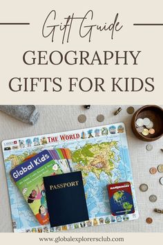 Several geography gifts for kids are pictured, including a Larsen puzzle of the world, a blank passport, Mapominoes game, and Global Kids: 50+ Games, Crafts, Recipes & More from Around the World. Geography Gifts, Oceans Of The World, Making Memories, Discover The World, Learning Activities, Have Fun, Hands On