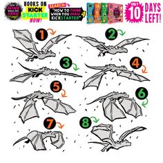 the instructions for how to draw a flying bat with numbers and symbols in each step