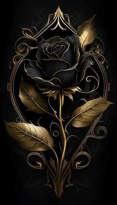 a black rose with gold leaves and swirls on a dark background is the centerpiece of this image