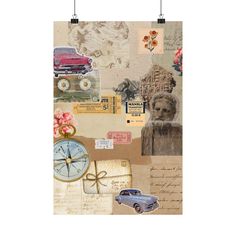 a collage of photos and postcards with an old car, clock, flowers, and other items