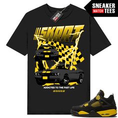 "Thunder 4s Jordan matching shirt by Sneaker Match Tees brand. Official Sneaker Match Tees shirt designed to match the Jordan 4 \"Thunder\" retro sneakers. *Sneakers are for matching purposes only, NOT included in the sale* True to size Men's shirt 100% Soft Cotton Regular Fit" Retro Black Sneakers With Graphic Print, Black Retro Sneakers With Graphic Print, Retro Graphic Print Sneakers For Streetwear, Sporty Cotton Sneakers With Graphic Print, Yellow Casual Sneakers With Graphic Print, Casual Yellow Sneakers With Graphic Print, Thunder 4s Outfit, Jordan 4 Thunder, 4s Jordans