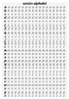 the cursive alphabet is shown in black and white