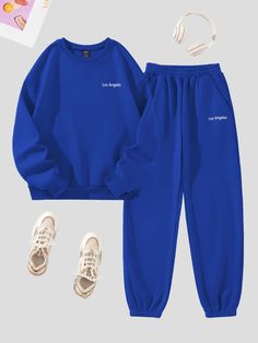 Royal Blue Casual Collar Long Sleeve  Letter  Embellished Slight Stretch  Women Clothing Dropped Shoulder Sweatshirt, Sweatpants Set, Simple Trendy Outfits, Sporty Outfits, Womens Sweatpants, Online Clothing Stores, Two Piece Outfit, Black Casual, Latest Fashion Clothes