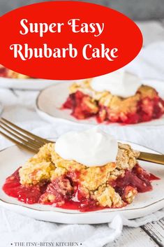 a slice of rhubarb cake with whipped cream on top