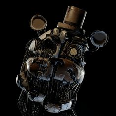 an artistic image of a heart made out of metal parts and mechanical gears, with a top hat on it's head