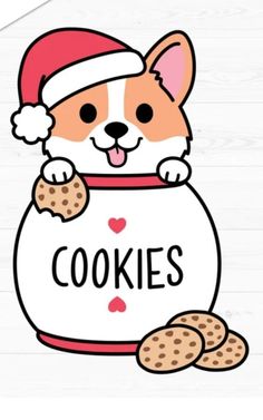 a corgi dog in a santa hat holding a cookie jar with the word cookies written on it