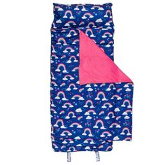 a blue and pink sleeping bag with rainbows on it