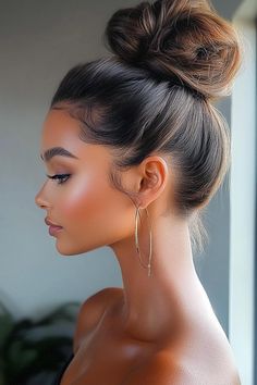 hair updos, beginner hairstyles, easy hairstyles Sophisticated Bun Hairstyles, Top Bun Wedding Hairstyles, Elegant Bun Updo, Slick High Bun Hairstyles, Side Part Updo Wedding, High Bun Wedding Updo, Ballerina Bun Wedding Hair, Soft Bun Hairstyles, Tidy Hairstyles