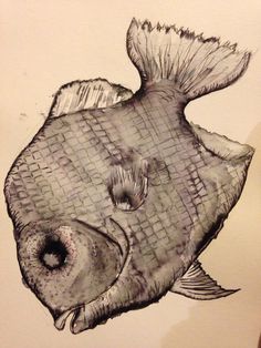 a pencil drawing of a fish with its mouth open and it's eyes closed