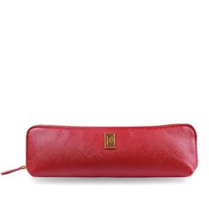 a long red purse with gold hardwares on the front and side, sitting against a white background