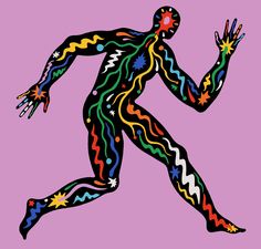 a drawing of a running man with colorful lines on it's body and arms