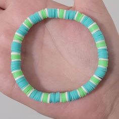 Please Do Not Hesitate To Message Me If You Want The Bracelet Bigger Or Smaller. Or Want It Customized! (0)~~ Blue And Green Bracelet Ideas, Bracelet Clay Bead, Bracelets Aesthetic, Polymer Clay Beads Diy, Bracelet Clay, Clay Bead Bracelets, Christmas Jewelry Diy, Clay Bracelets, Clay Inspo