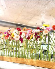 colorful flowers are arranged in the center of a wooden planter with long thin stems