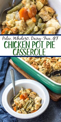 chicken pot pie casserole in a white dish with a serving spoon on the side