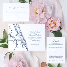 wedding stationery with peonies and map