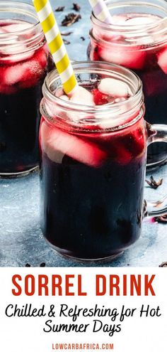 three glasses filled with liquid and ice sitting on top of a blue surface next to the words sorel drink chilled & refreshing for hot summer days