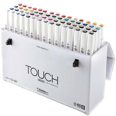 a white box filled with lots of different colored marker pens on top of each other