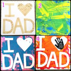 four different paintings with the words i love dad and handprinted images on them