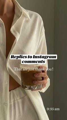 a woman in white shirt holding a glass with text over her left shoulder that reads, replicas to instagram com connects that are just thank you