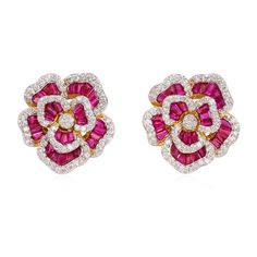 18k White Gold Diamond Ruby Earrings, White Gold Natural Ruby earrings, Genuine Ruby diamond Earrings, July Birthstone, Flower Jewelry These lovely earrings features 2.10 cts worth of v good quality Quality diamond and Ruby Set in an extraordinary Pattern set in 18k white gold. The beautiful stud earrings are secured with push backs.  Diamond Shape: Brilliant  Type Of Gold: White Gold Type Of Metal: 18k Gold Weight- 15.6 gms approx Diamond Carat Weight: 2.10 Ruby Weight 6.65 carat  Beautiful Hue Luxury Gemstone Flower-shaped Earrings, Luxury Diamond Bridal Earrings In Flower Shape, Luxury Diamond Flower-shaped Bridal Earrings, Luxury Diamond Bridal Earrings With Flower Shape, Flower Shaped Diamond Earrings In Fine Jewelry Style, Fine Jewelry Flower-shaped Earrings With Single Cut Diamonds, Fine Jewelry Flower-shaped Diamond Earrings, Diamond Flower-shaped Gemstone Earrings, Exquisite Diamond Flower Shaped Earrings