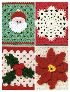 four crocheted christmas coasters with santa's face