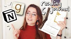 a woman holding up a book and pointing to it with the words reading journal in front of her