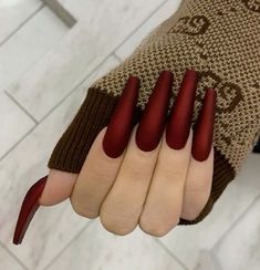 Coffin Burgundy Nails Acrylics, Matte Wine Red Nails, Matte Red Christmas Nails, Wine Red Nails, Coloured Nails, 90s Nails, Long Red Nails, Fall Acrylic Nails, Classic Nails