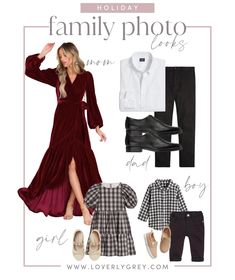 a woman in a red dress and white shirt is standing next to her family photos