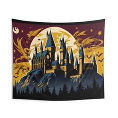 the hogwarts castle in front of a full moon with bats and stars on it