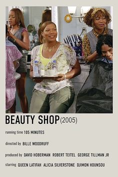 an advertisement for a beauty shop with two women in the background and one woman holding a tray