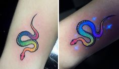 two different colored tattoos on the arms and legs, one with an image of a snake