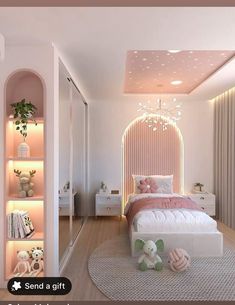 a bedroom with white walls and pink decor on the bed, shelving unit and teddy bears