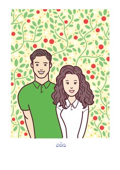 a man and woman standing next to each other in front of a tree with berries on it