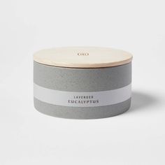 a grey and white container with a label on the lid that says little eucalyptuss