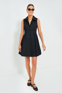 Black Sleeveless Noelle Shirt Dress | Pomander Place Classic Mini Dress For Summer Semi-formal, Classic Semi-formal Mini Dress For Summer, Classic Semi-formal Summer Mini Dress, Classic Mini Dress With Button Closure For Summer, Classic Summer Mini Dress With Button Closure, Collared Sleeveless Dress For Summer Workwear, Semi-formal Fitted Shirt Dress For Summer, Chic Sleeveless Button-up Dress For Work, Chic Button-up Sleeveless Dress For Work