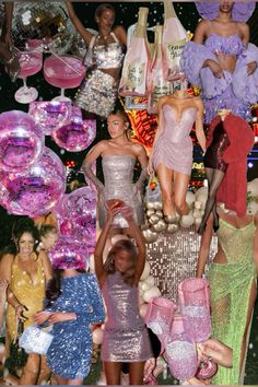 a collage of barbie dolls and disco balls in pink, gold and purple colors