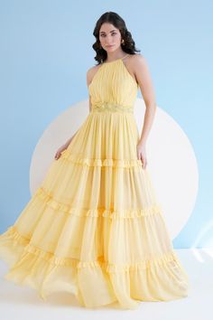 Yellow gathered maxi dress featuring floral sequin, bead and thread embellished waistline with tiers detailing. - Aza Fashions Gathered Maxi Dress, Halter Neck Maxi Dress, Maxi Dress For Women, Beaded Neckline, Dress For Women, Womens Maxi Dresses, Yellow Dress, Dress Pattern, Aza Fashion