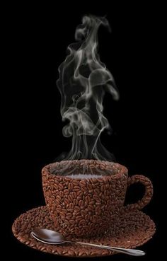 steaming coffee cup and saucer with spoon on black background