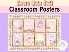 a poster with the words retro cut fall classroom posters in pink, yellow and purple