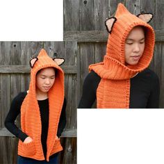 a woman wearing an orange knitted fox hoodie