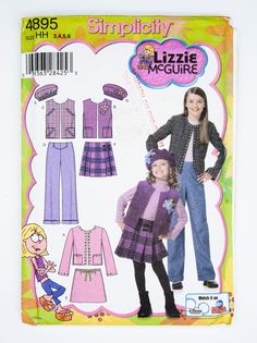 Simplicity Sewing Pattern 4895,  Child's/Girls' Jacket,  Child's/Girls' Vest,  Child's/Girls' Pants,  Child's/Girls' Skirt,  Child's/Girls' Hat in three sizes,  Lizzie McGuire,  Size 3-4-5-6,  UNCUT (factory folded),  Year 2006 Pleated Skirt Pattern, Girls Jumpers, Girls Vest, Pants Skirt, Jacket Vest, Sewing Pattern Sizes