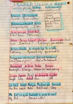 a piece of paper that has been written on it with words and phrases in different colors