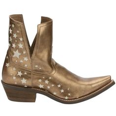 Dazzle and shine in the 6 1/2" Vina boot in Gold from the Miss Enid Collection. This boot is scattered with embroidered stars and features a luxe, metallic finish for a one-of-a-kind look. It's designed with a cushioned insole, rubber outsole, fashionable toe and versatile 1 1/2? underslung heel. Size: 5.  Gender: female.  Age Group: adult. Girls Fall Boots, Corral Boots Womens, Nocona Boots, Kids Ankle Boots, Dresses With Cowboy Boots, Embroidered Stars, Girls Ankle Boots, Girls Heels, Dress Boots