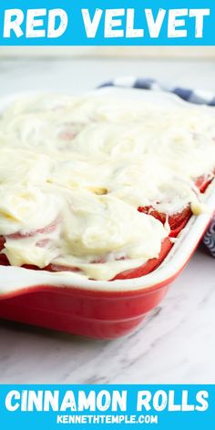 a red velvet casserole with white sauce and blueberries in the bottom dish