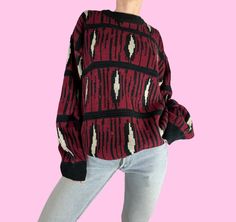 Vintage 90s Maroon Black Geometric Grandpa Skater Grunge Sweater Pullover closure with long sleeves. Great condition Brand - Saturdays  Tag size - XLarge Seen on size small, 5'4  Measurements (laying flat) Chest - 23 in Length - 27.5 in Sleeve - 23 in #grandpasweater #90ssweater #skatersweater #dadsweater #academia grandpa grunge 90s Style Long Sleeve Fall Sweater, 90s Oversized Fall Sweater, Red And Black Sweater Outfit Grunge, Oversized Grunge Graphic Sweater, Grunge Grandpa Sweater, Red 90s Style Streetwear Sweater, Minga London Sweaters, Grunge Sweater, Grandpa Sweater