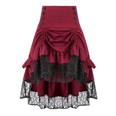 PRICES MAY VARY. Gothic steampunk inspired skirt with wide asymmetrical ruffled hem for different body shapes and lace trim throughout the skirt. For details about size information, please double check the size chart on the left picture before purchasing to ensure the exact size fits you. Side zip closure, button placket, lace panels, steampunk high-low skirt. Great for steampunk parties, renaissance, comic con, halloween, nights out, nightclubs. Matching: This skirt is suitable for all kinds of